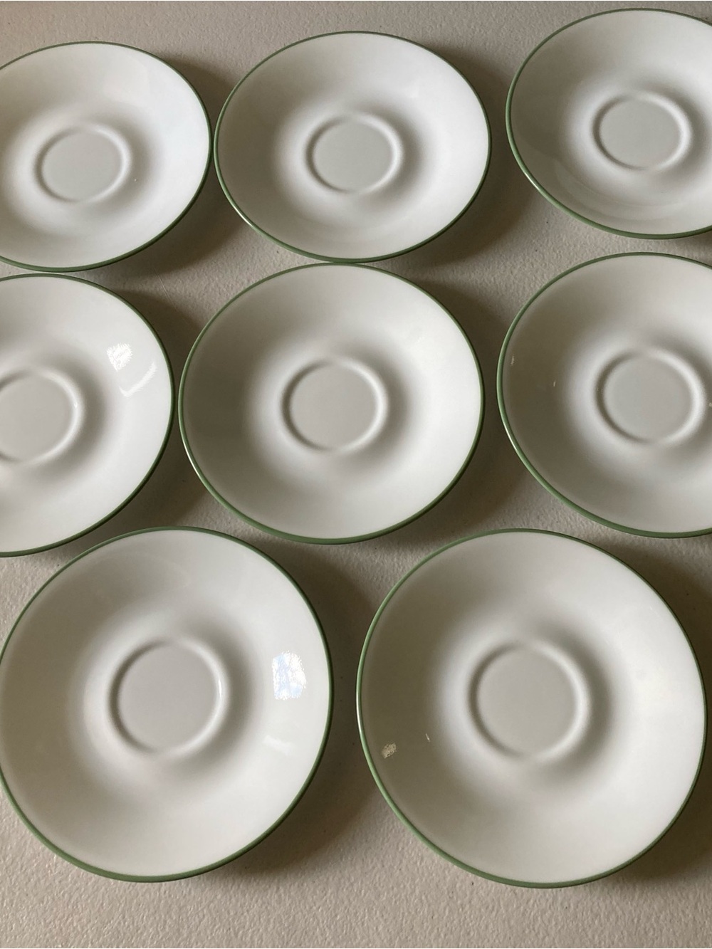 Corelle White/Green Rim Saucers Set of 8 Round Glass Microwave Safe Plates 6”